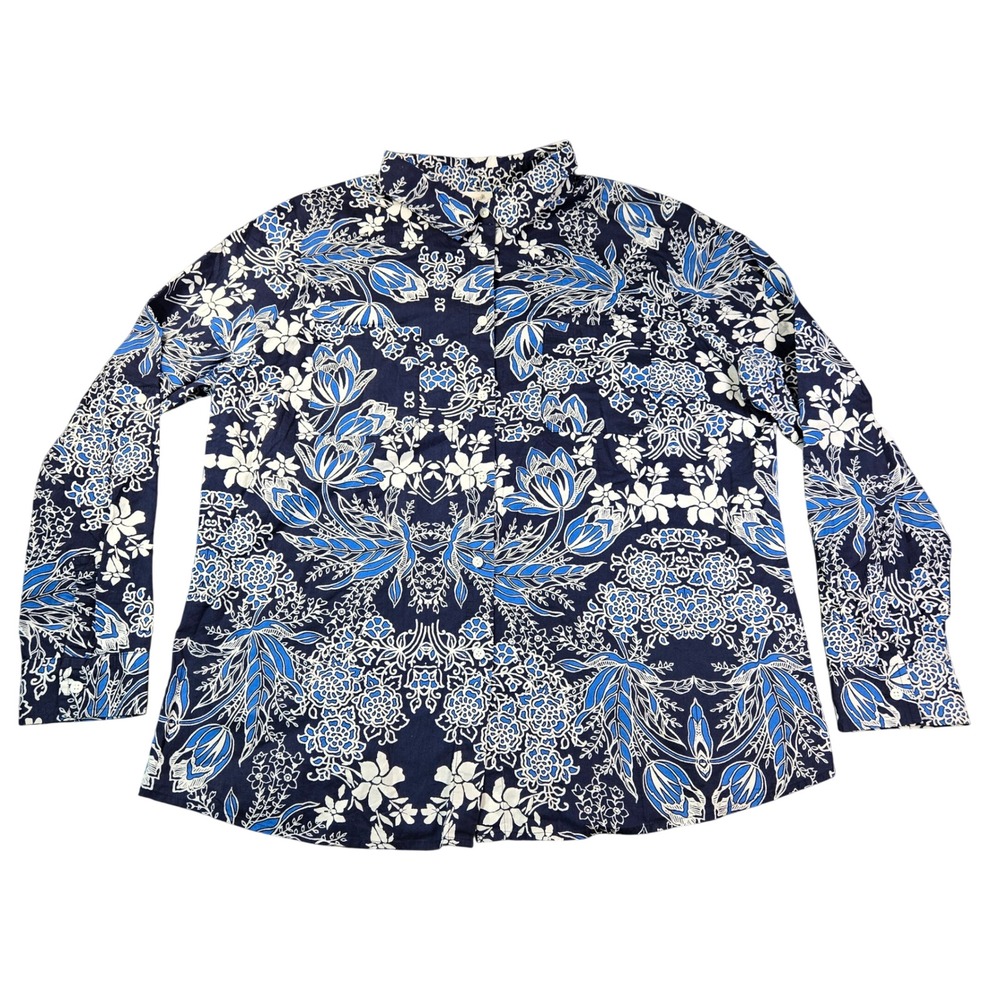 Jaclyn Smith Collection Navy Blue Floral Cotton Button Down Shirt XL Long Sleeve